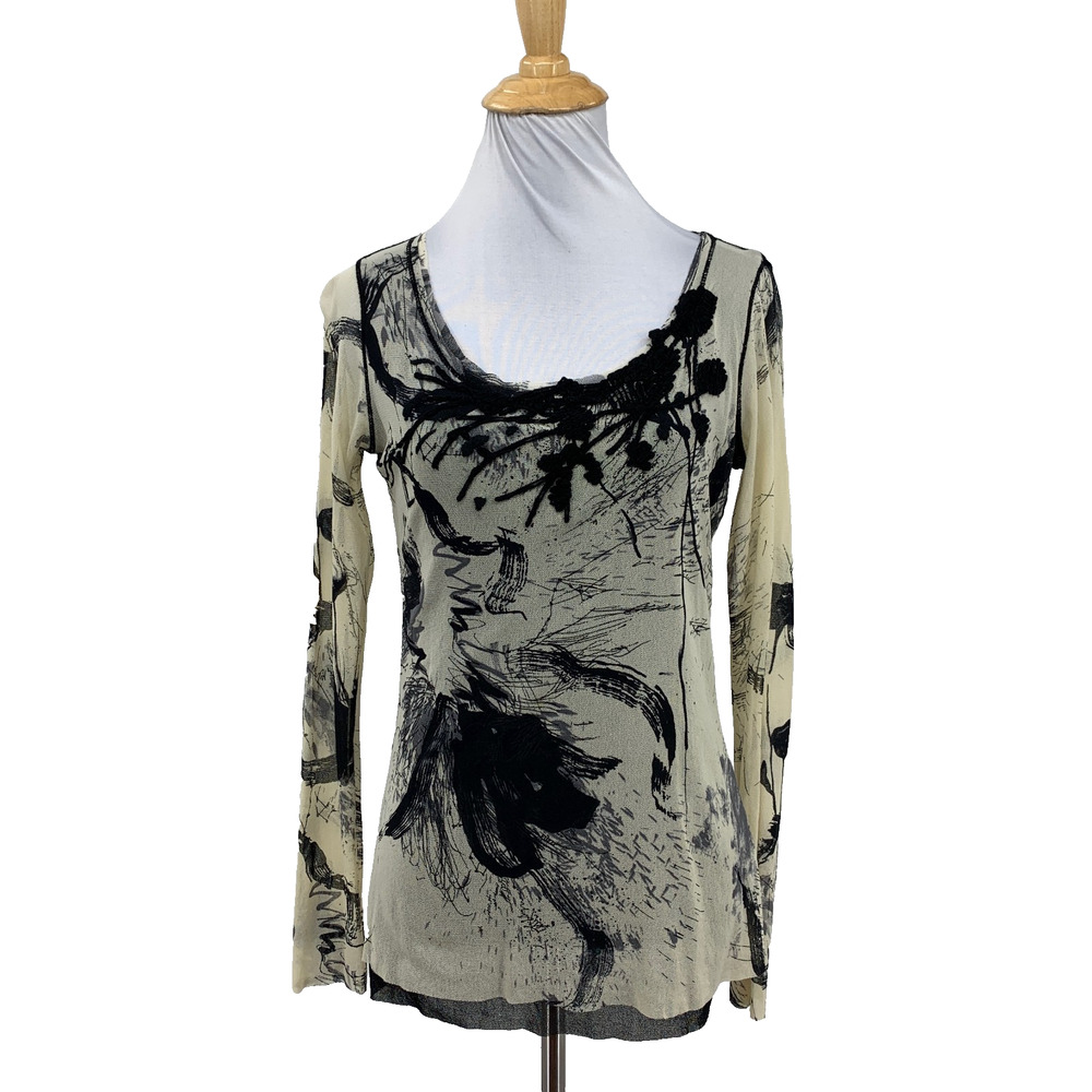 Fuzzi Top Womens L Large Long Sleeve Mesh Abstract Sheer Sleeves Raw Edge Shirt